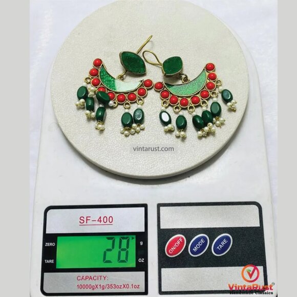 Green and Red Afghan Earrings: Kuchi Boho Dangle Earrings - Picture 4 of 5